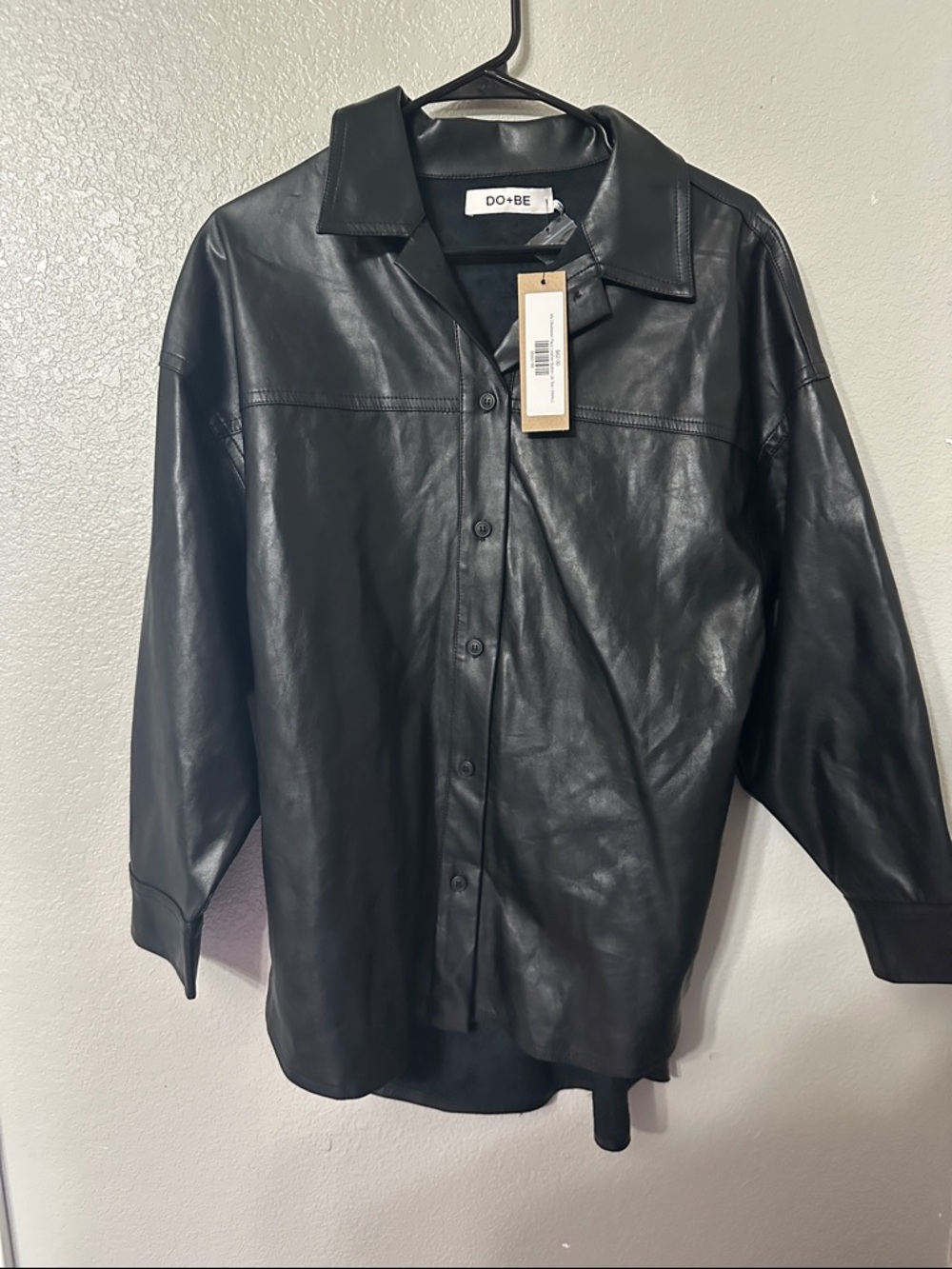 DO+BE Men's Black Faux Leather Shirt Jacket with Snap Front